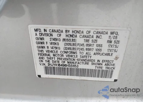 2006 Honda Ridgeline Rts из США, поврежденный, VIN 2HJYK16496H551153